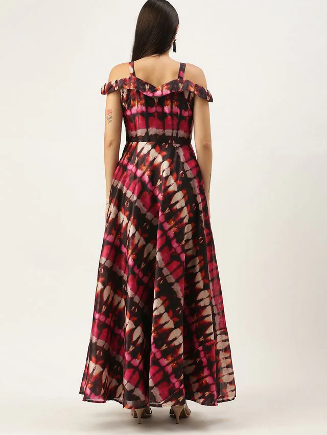 Bollywood Vogue Ready To Wear Multicolored Printed Off Shoulder Style Dress - Image 2