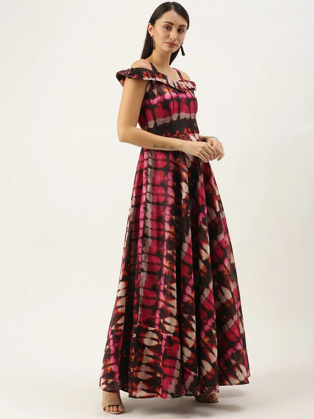 Bollywood Vogue Ready To Wear Multicolored Printed Off Shoulder Style Dress - Image 3