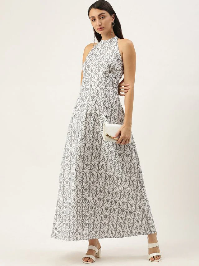 Bollywood Vogue Ready To Wear White Halter Neck A-Line Dress