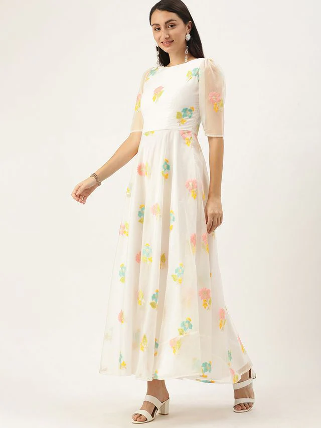 Bollywood Vogue Ready To Wear Off White Organza Ankle Length Dress - Image 4