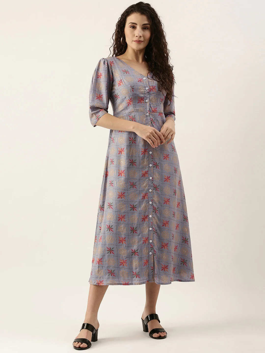 Bollywood Vogue Ready To Wear Blue Foil Printed A line Dress
