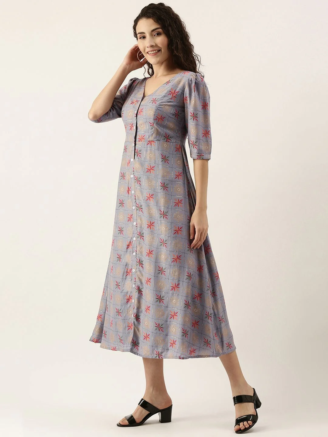 Bollywood Vogue Ready To Wear Blue Foil Printed A line Dress - Image 2
