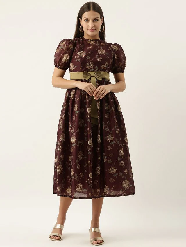 Bollywood Vogue Ready To Wear Maroon Chanderi Silk Puff Sleeve Dress - Image 3