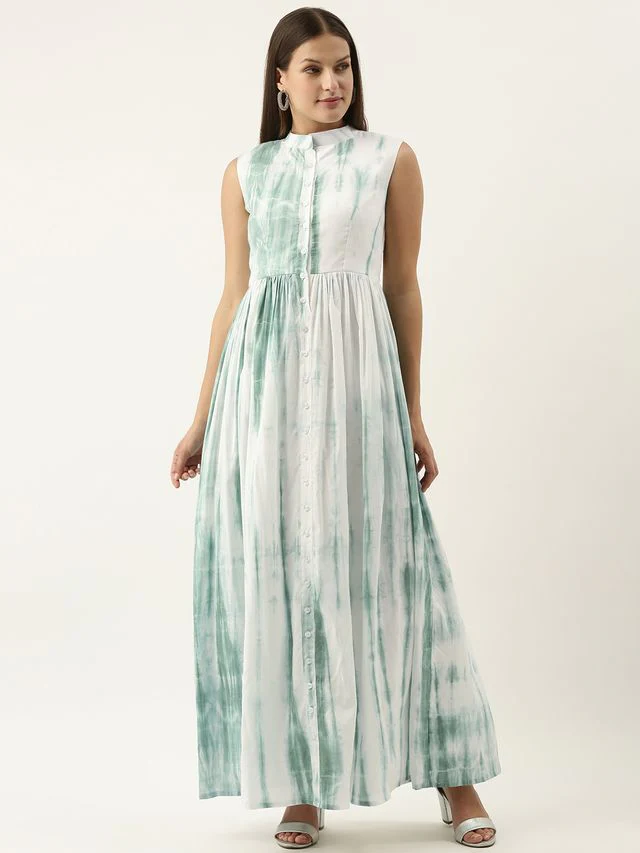 Bollywood Vogue Ready To Wear Green Tie N Dye Gathered Flare Dress