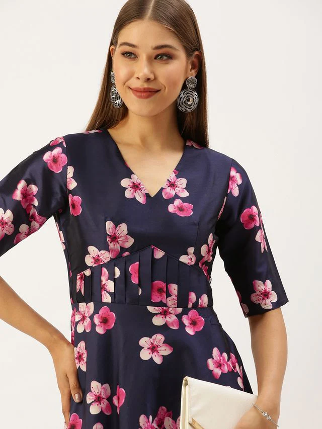 Bollywood Vogue Ready To Wear Blue Printed Art Silk Fit And Flare Dress - Image 4