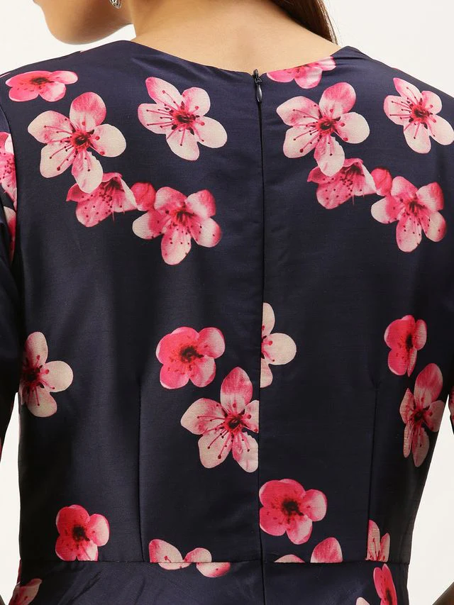 Bollywood Vogue Ready To Wear Blue Printed Art Silk Fit And Flare Dress - Image 6