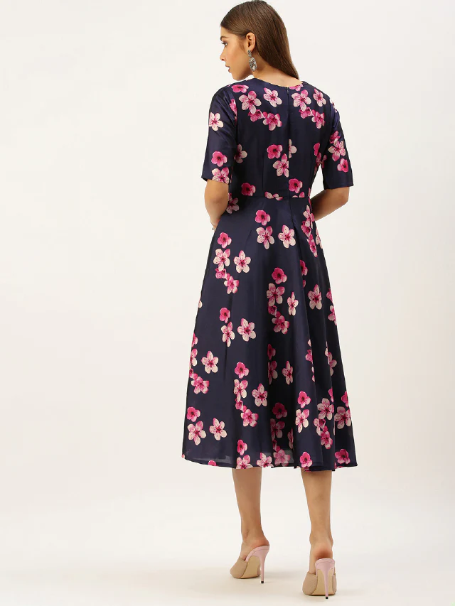 Bollywood Vogue Ready To Wear Blue Printed Art Silk Fit And Flare Dress - Image 7