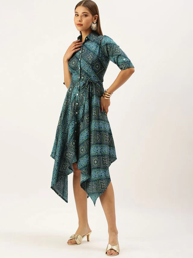Bollywood Vogue Ready To Wear Blue Chanderi Art Silk Handkerchief Style Dress - Image 3