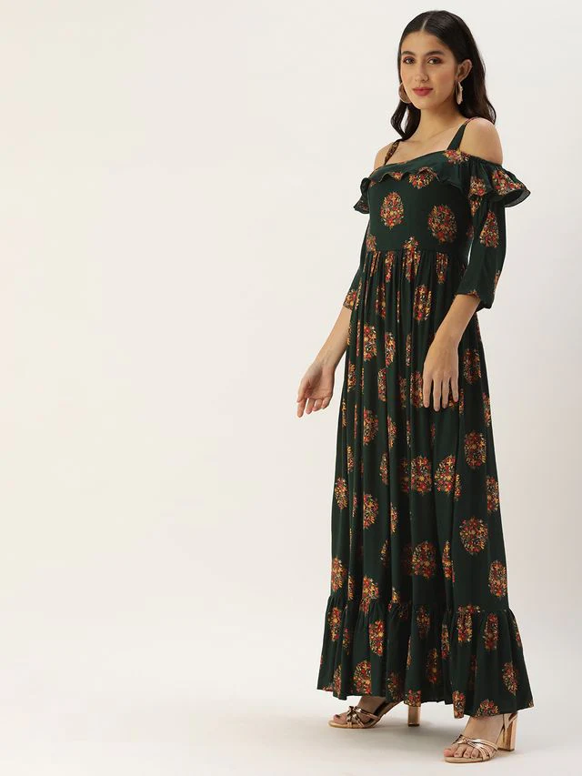 Bollywood Vogue Ready To Wear Green Rayon Printed Strap Neckline Dress
