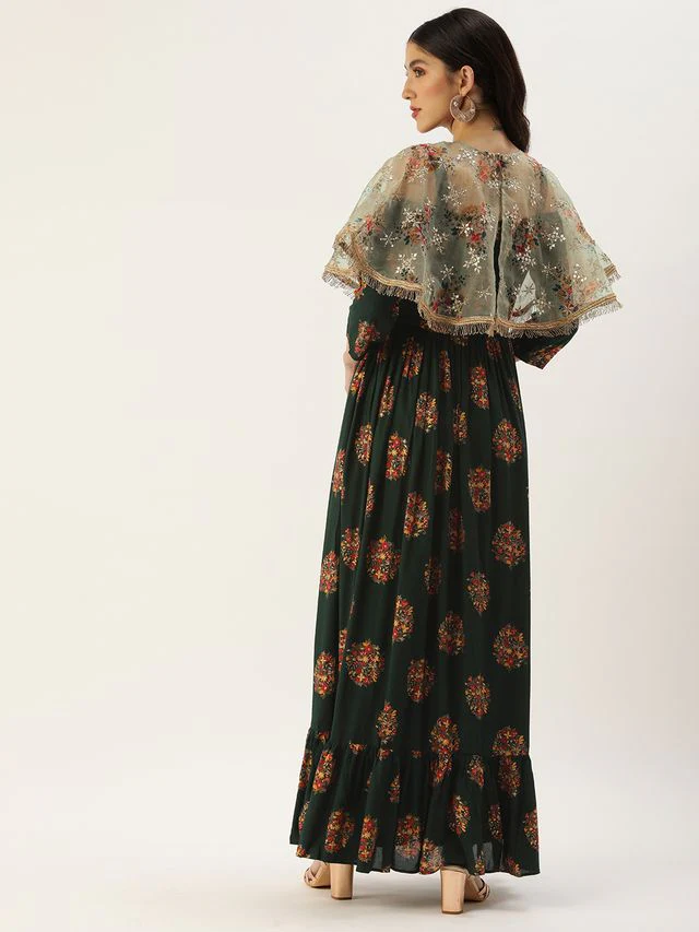 Bollywood Vogue Ready To Wear Green Rayon Printed Strap Neckline Dress - Image 2