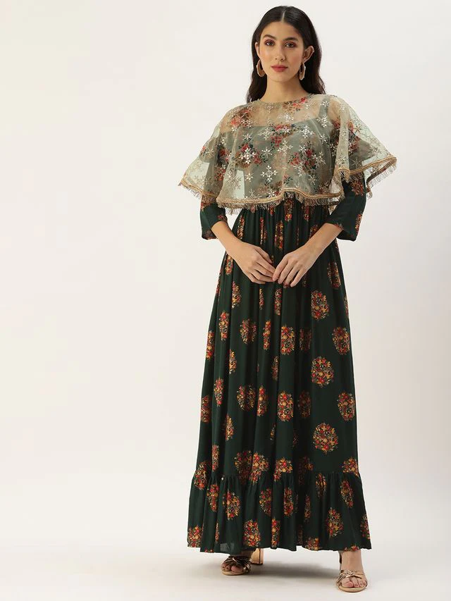 Bollywood Vogue Ready To Wear Green Rayon Printed Strap Neckline Dress - Image 3