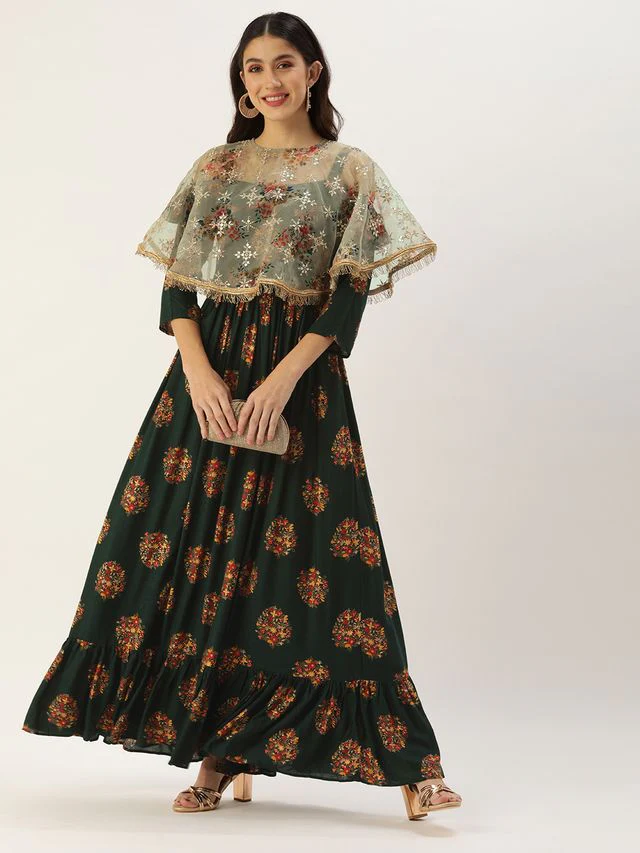 Bollywood Vogue Ready To Wear Green Rayon Printed Strap Neckline Dress - Image 4