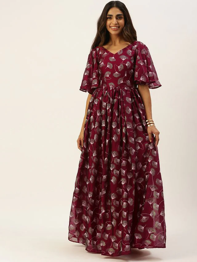 Bollywood Vogue Ready To Wear Maroon Satin Blend Foil Printed Slit Maxi Dress - Image 3