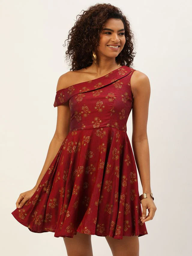 Bollywood Vogue Ready To Wear Maroon Printed One Shoulder Dress - Image 3
