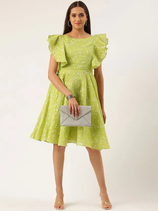 Bollywood Vogue Ready To Wear Green Blended Cotton Foil Printed Ruffled Dress - Image 3