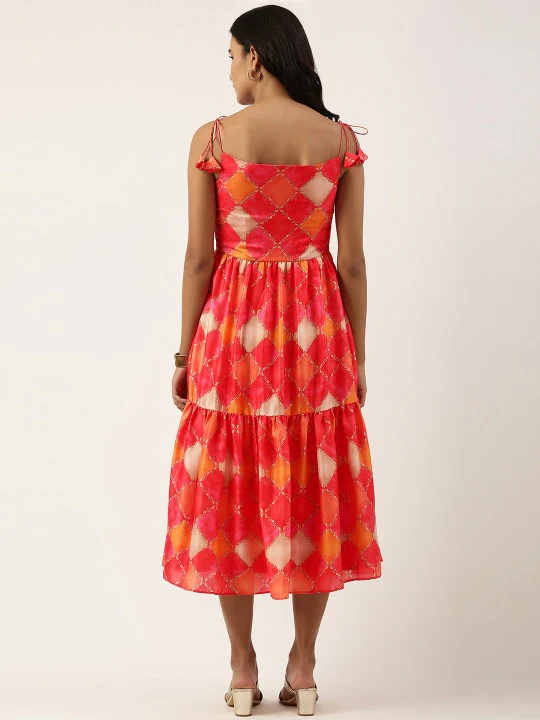 Bollywood Vogue Ready To Wear Multicolor Printed Gathered Style Midi Dress - Image 5