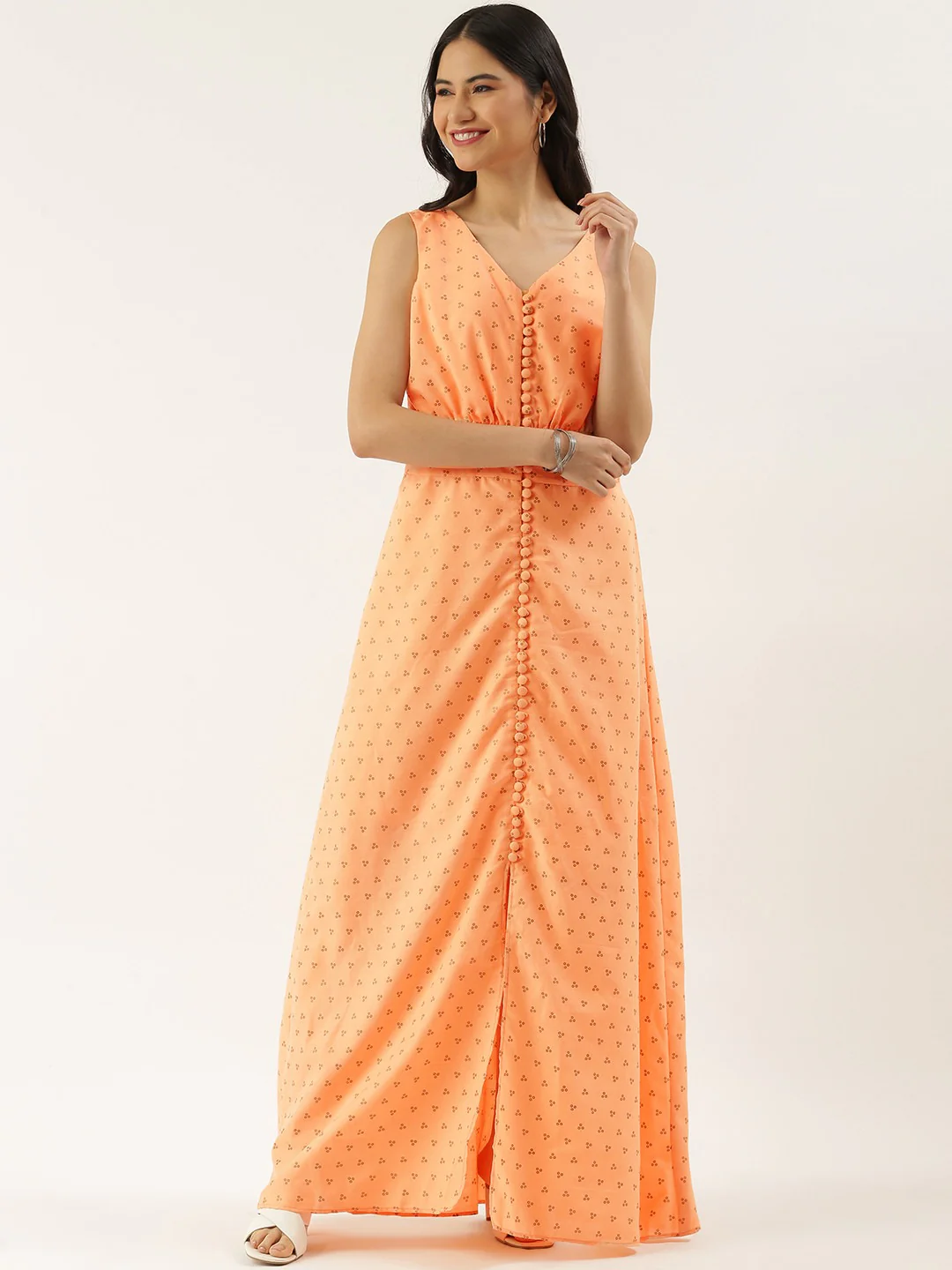 Bollywood Vogue Ready To Wear Peach Foil Printed Cotton Maxi Dress