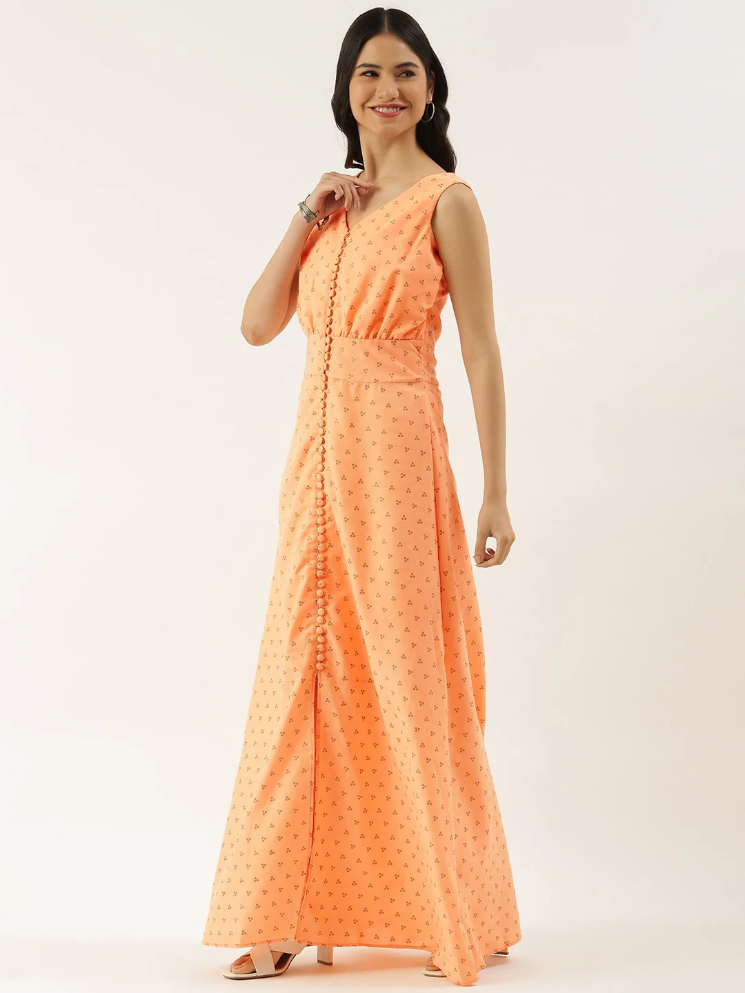 Bollywood Vogue Ready To Wear Peach Foil Printed Cotton Maxi Dress - Image 2
