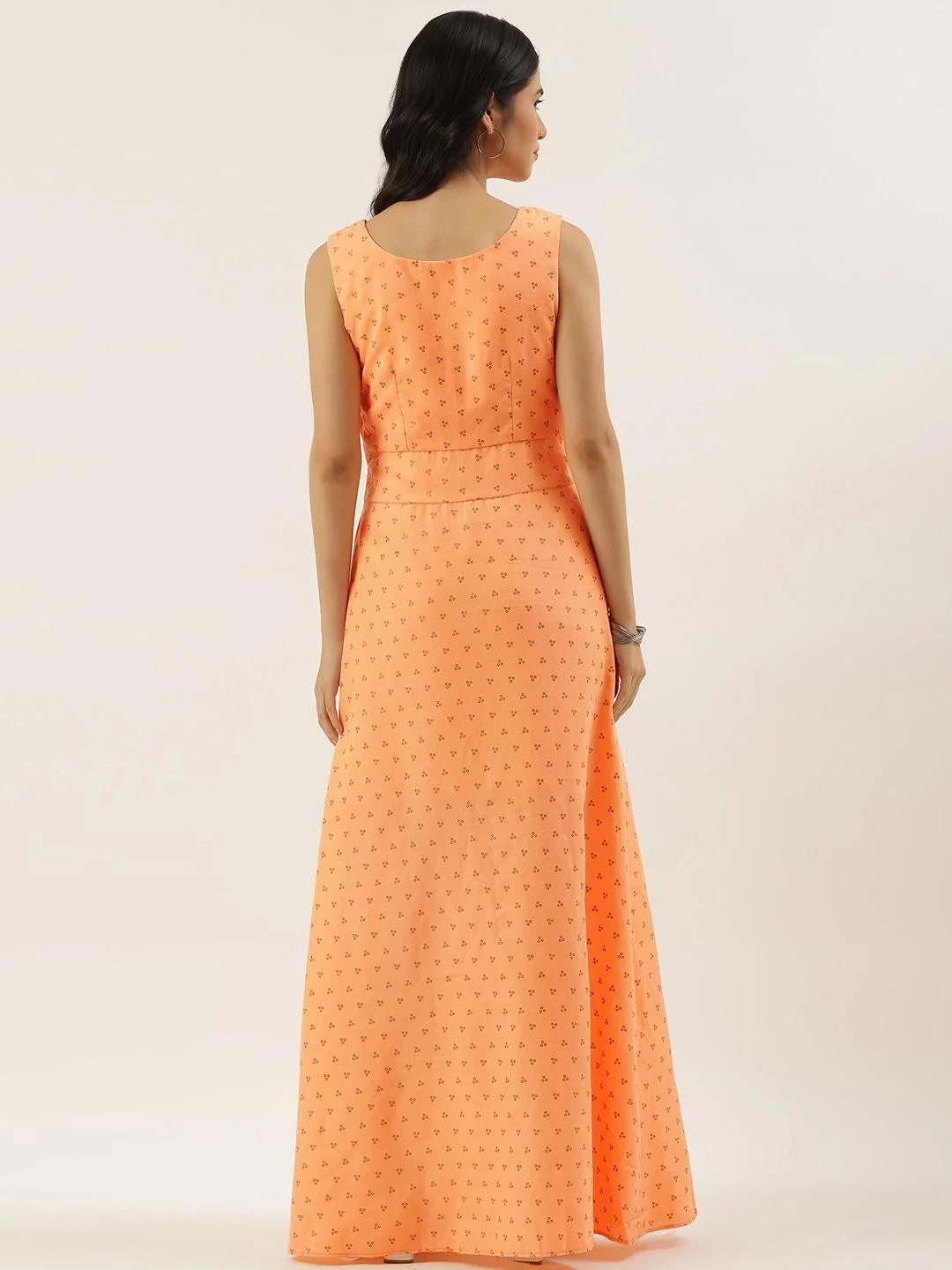 Bollywood Vogue Ready To Wear Peach Foil Printed Cotton Maxi Dress - Image 4