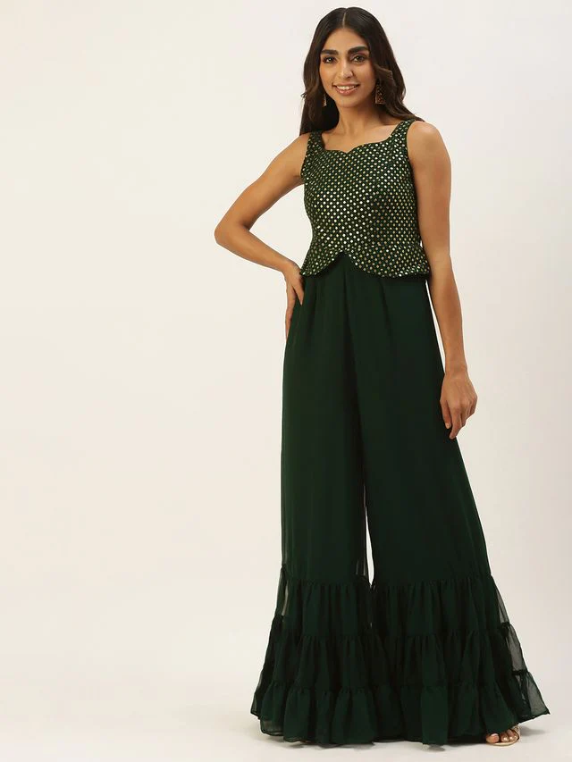 Bollywood Vogue Ready To Wear Green Georgette Sequins Jumpsuit