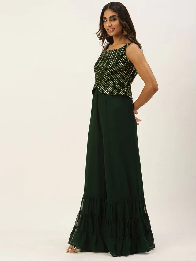 Bollywood Vogue Ready To Wear Green Georgette Sequins Jumpsuit - Image 2