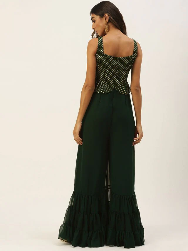 Bollywood Vogue Ready To Wear Green Georgette Sequins Jumpsuit - Image 6