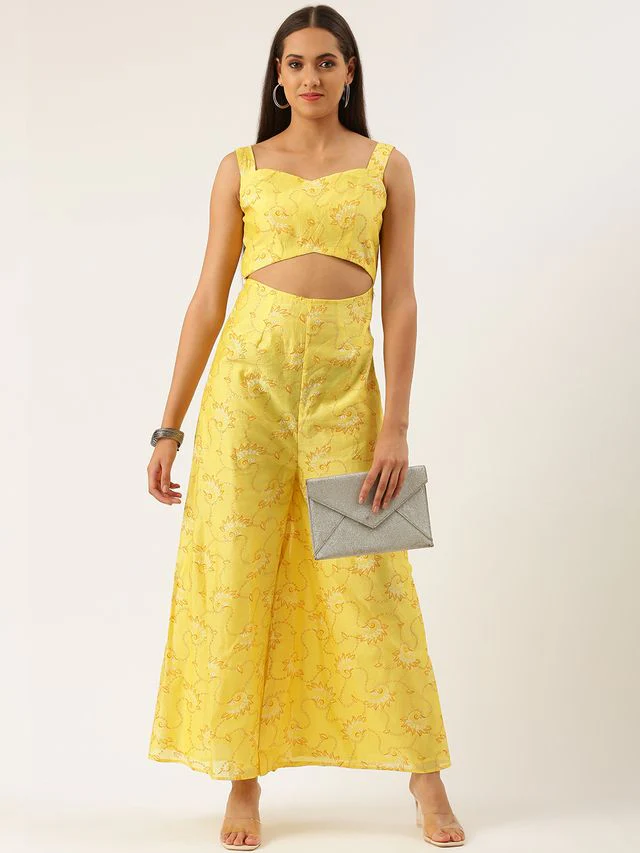 Bollywood Vogue Ready To Wear Yellow Foil Printed Jumpsuit - Image 3