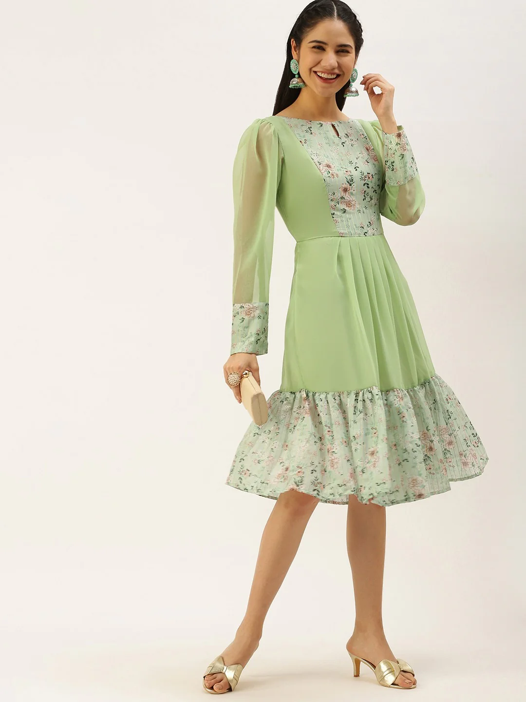 Bollywood Vogue Ready To Wear Green Digital Printed Dress - Image 4