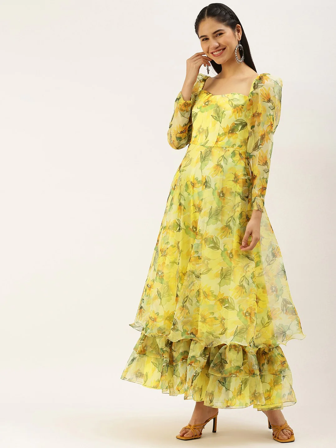 Bollywood Vogue Ready To Wear Yellow Printed organza Maxi Dress - Image 3