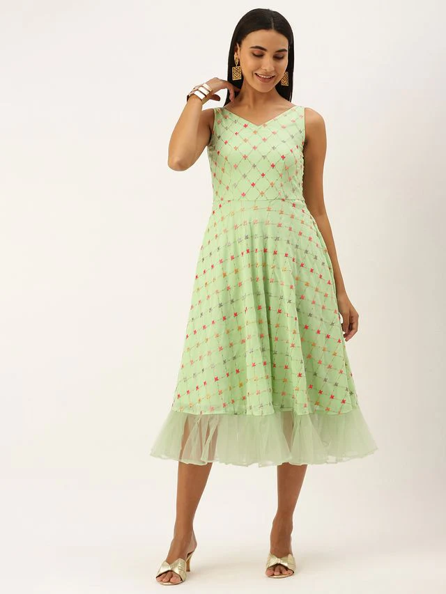 Bollywood Vogue Ready To Wear Green Georgette Embroidered Dress