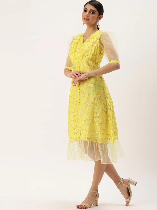 Bollywood Vogue Ready To Wear Yellow Foil Printed A Line Dress - Image 2