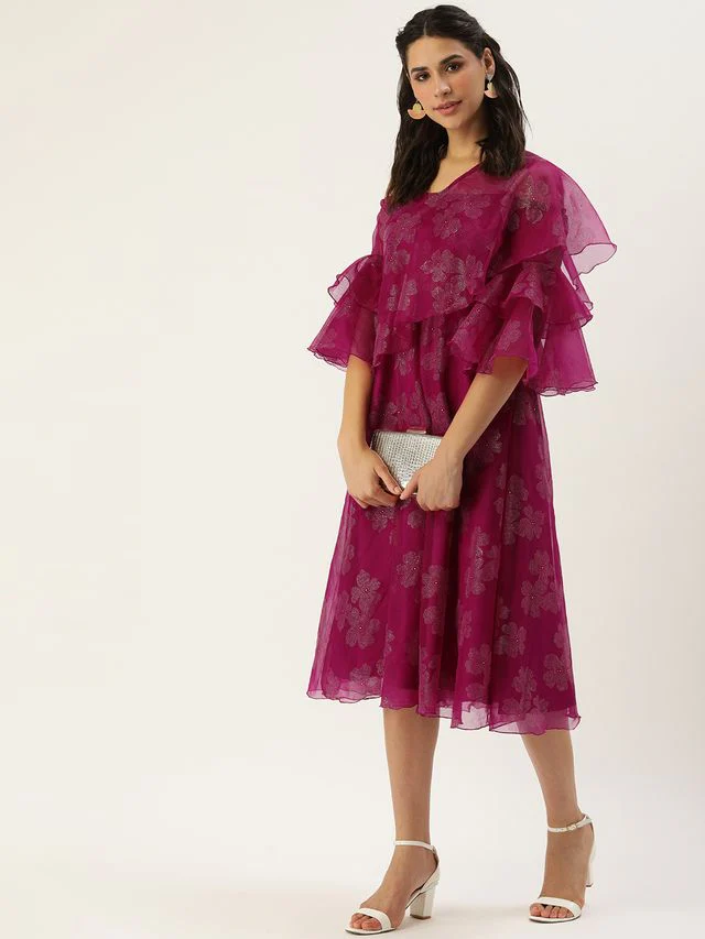 Bollywood Vogue Ready To Wear Pink Organza Foil Printed Dress - Image 3