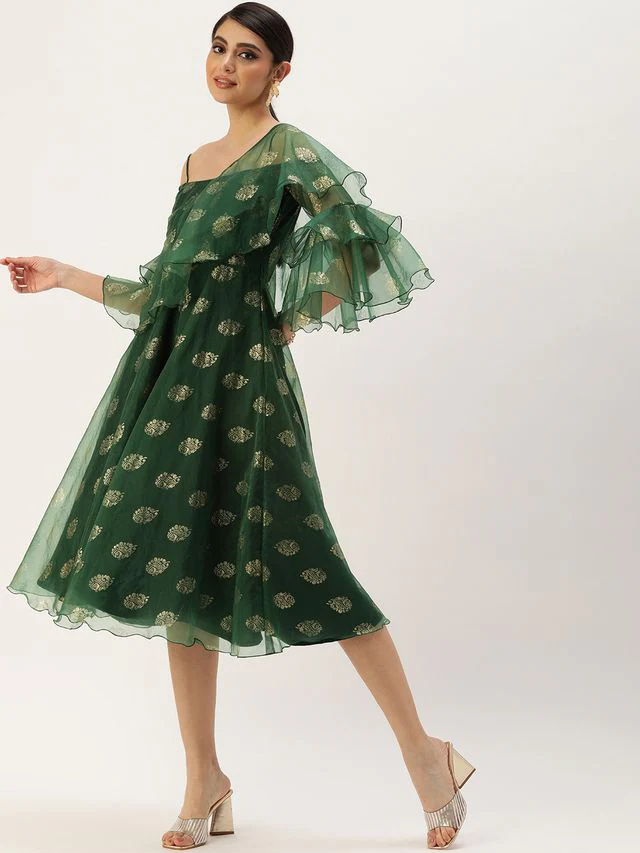 Bollywood Vogue Ready To Wear Green Organza Foil Printed Dress - Image 3