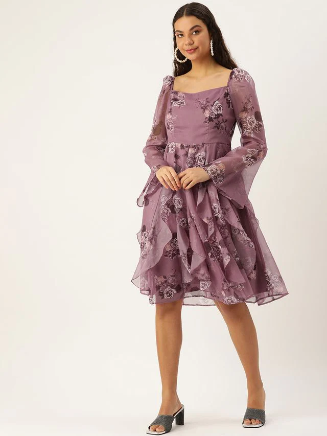 Bollywood Vogue Ready To Wear Mauve Organza Digital Printed Dress