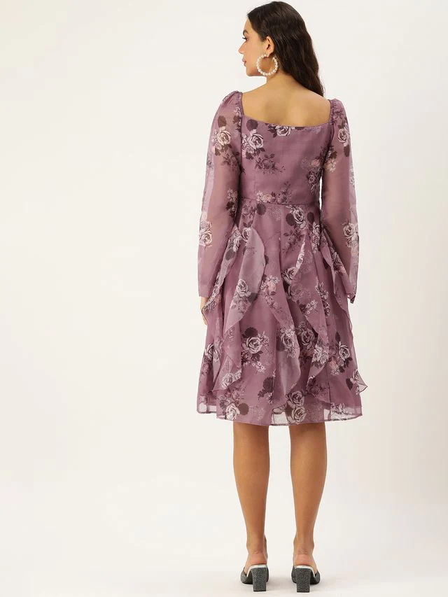 Bollywood Vogue Ready To Wear Mauve Organza Digital Printed Dress - Image 7