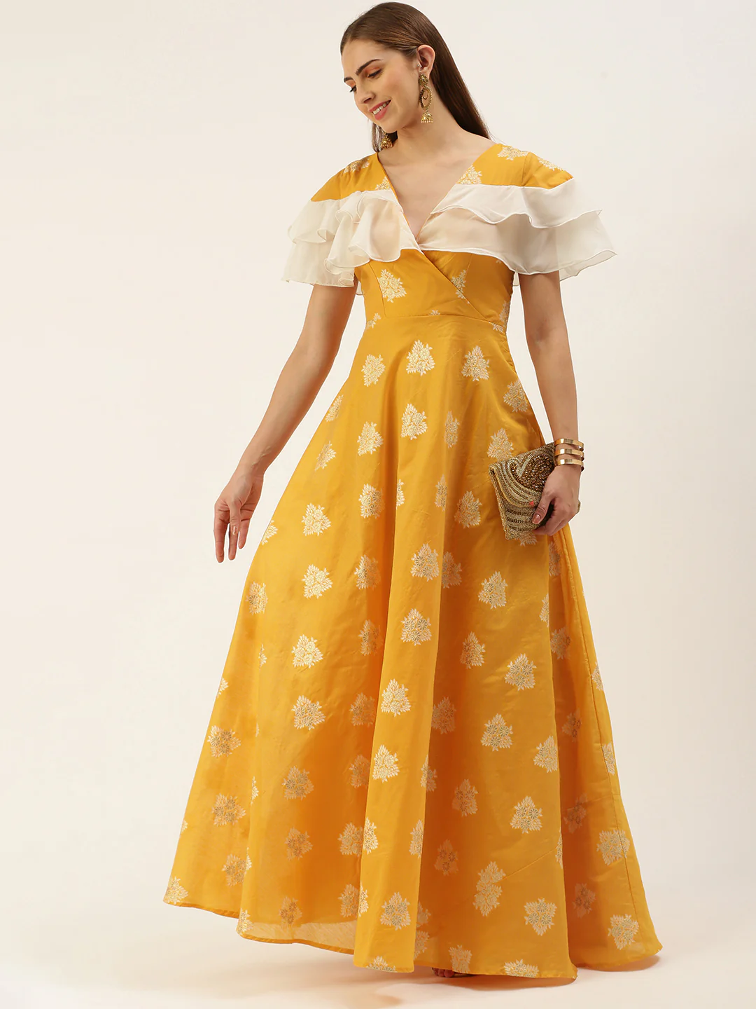 Bollywood Vogue Ready To Wear Mustard Art Silk Ruffled Dress