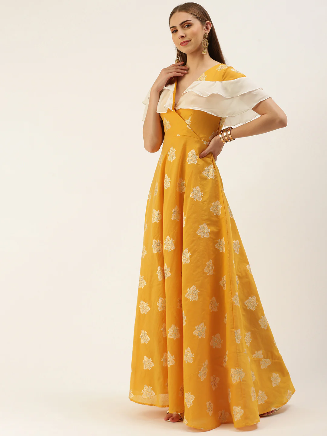 Bollywood Vogue Ready To Wear Mustard Art Silk Ruffled Dress - Image 3
