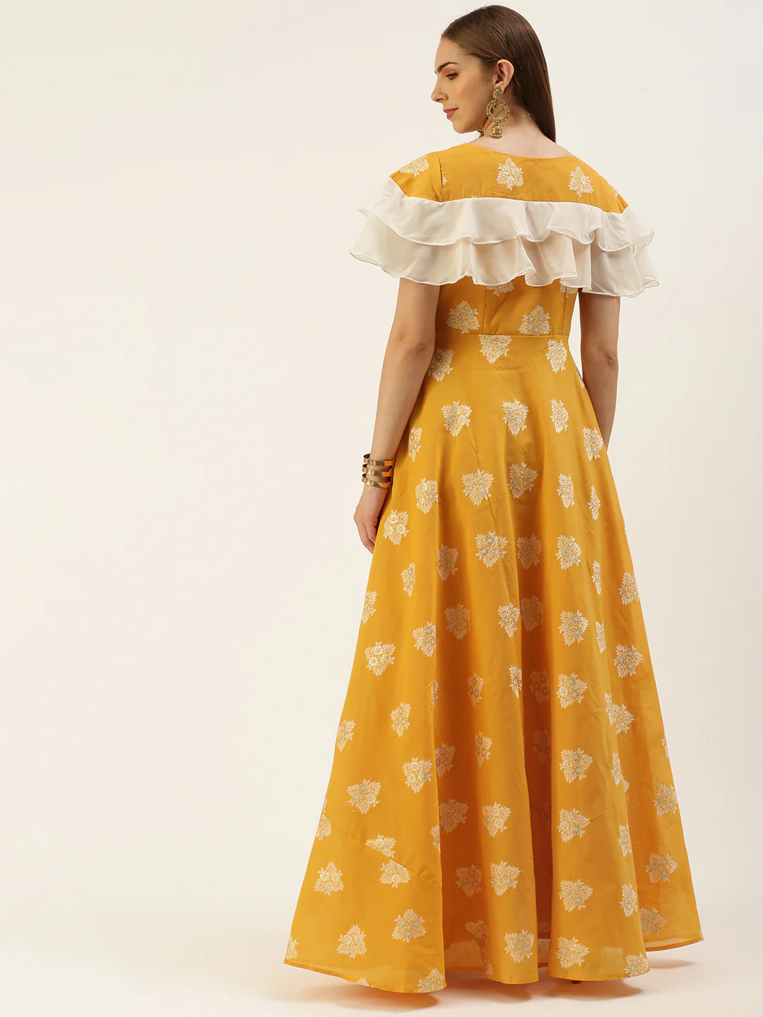Bollywood Vogue Ready To Wear Mustard Art Silk Ruffled Dress - Image 6