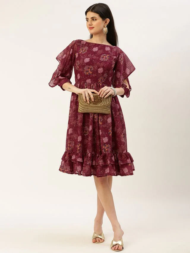 Bollywood Vogue Ready To Wear Wine Georgette Digital Printed Dress - Image 2
