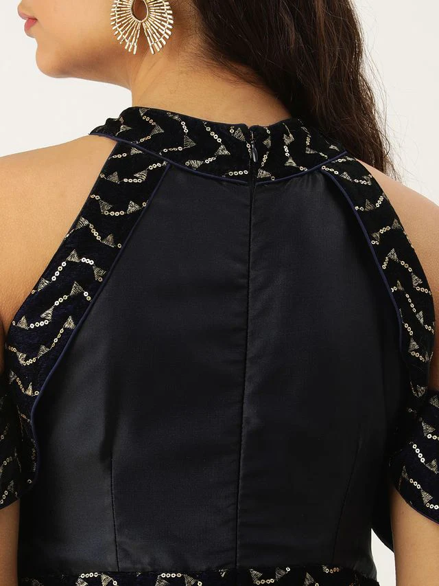 Bollywood Vogue Ready To Wear Navy Blue Velvet Embroidered Off Shoulder Dress - Image 6