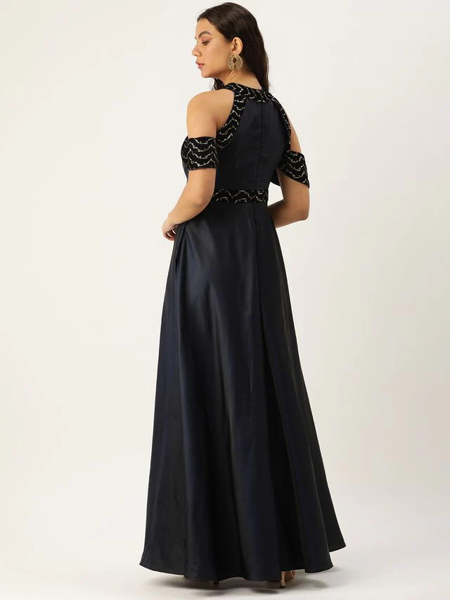 Bollywood Vogue Ready To Wear Navy Blue Velvet Embroidered Off Shoulder Dress - Image 7