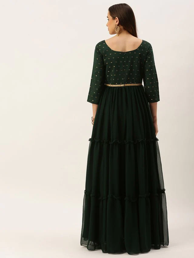 Bollywood Vogue Ready To Wear Teal Green Cotton Jacquard N Georgette Dress - Image 7