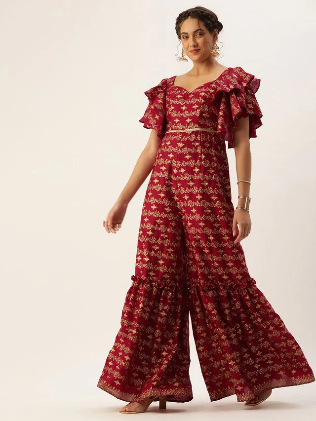 Bollywood Vogue Ready To Wear Maroon Art Silk Foil Print Jumpsuit - Image 2