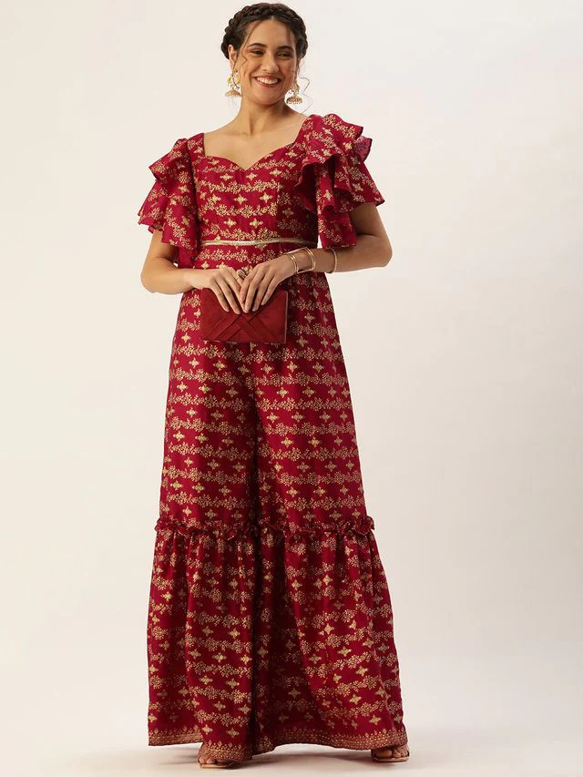 Bollywood Vogue Ready To Wear Maroon Art Silk Foil Print Jumpsuit - Image 3