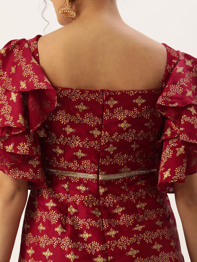 Bollywood Vogue Ready To Wear Maroon Art Silk Foil Print Jumpsuit - Image 6