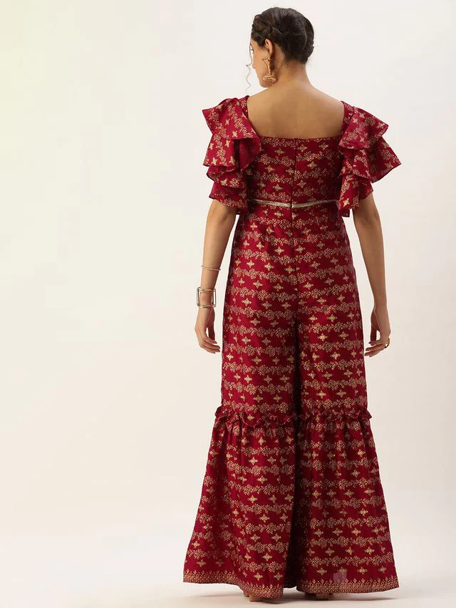 Bollywood Vogue Ready To Wear Maroon Art Silk Foil Print Jumpsuit - Image 7