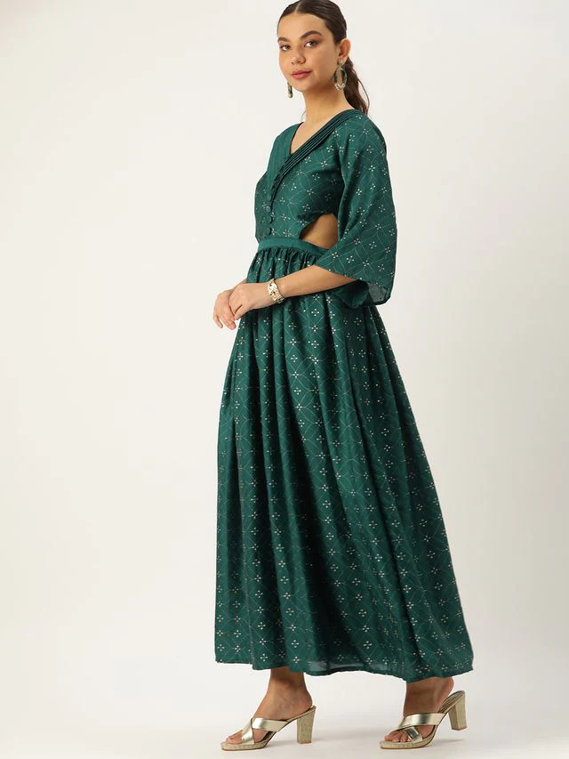 Bollywood Vogue Ready To Wear Teal Green Art Silk Foil Printed Maxi Dress - Image 2