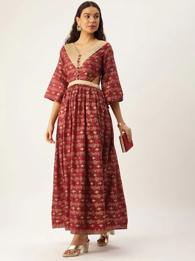 Bollywood Vogue Ready To Wear Maroon Art Silk Foil Printed Maxi Dress - Image 3