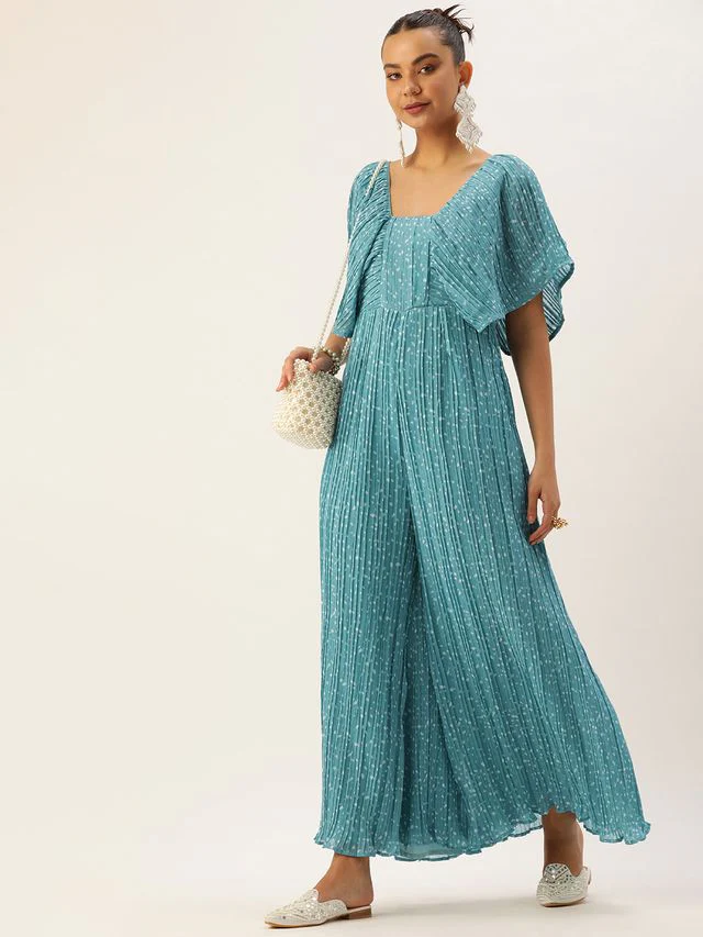 Bollywood Vogue Ready To Wear Blue N White Printed Pleated Georgette Jumpsuit - Image 3
