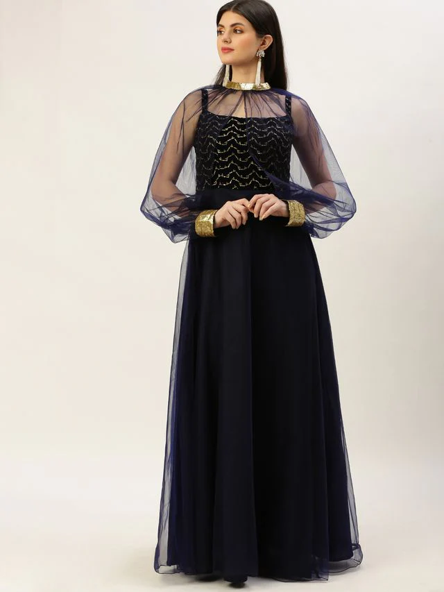 Bollywood Vogue Ready To Wear Blue Velvet Embroidered Dress With Cape